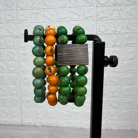 Set of 3 Lucky Wooden Beads Bracelet Orange Green Elastic Fashion Protection - Picture 4 of 5